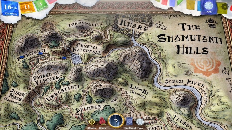 A map of the world in Sorcery! with place names and geographical features