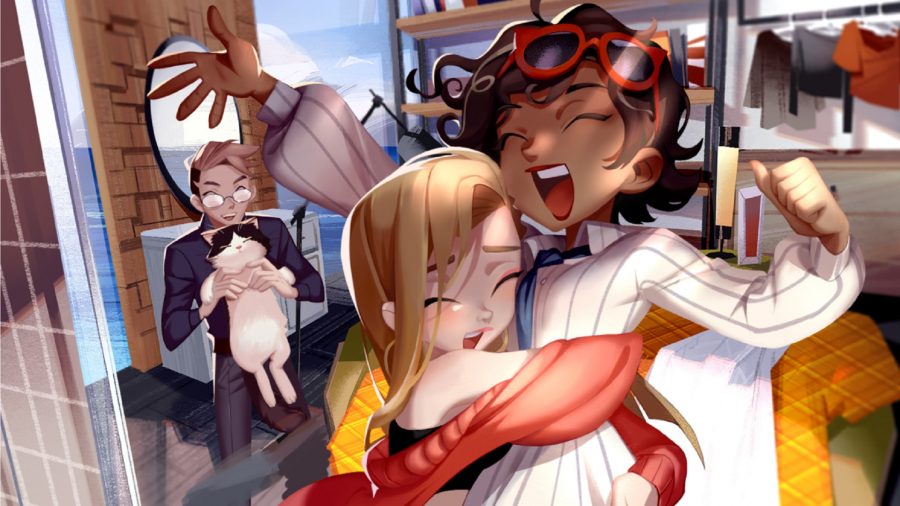 Two people hugging and a man holding a cat