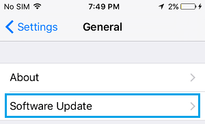 Software Update Option on آيفون Settings Screen