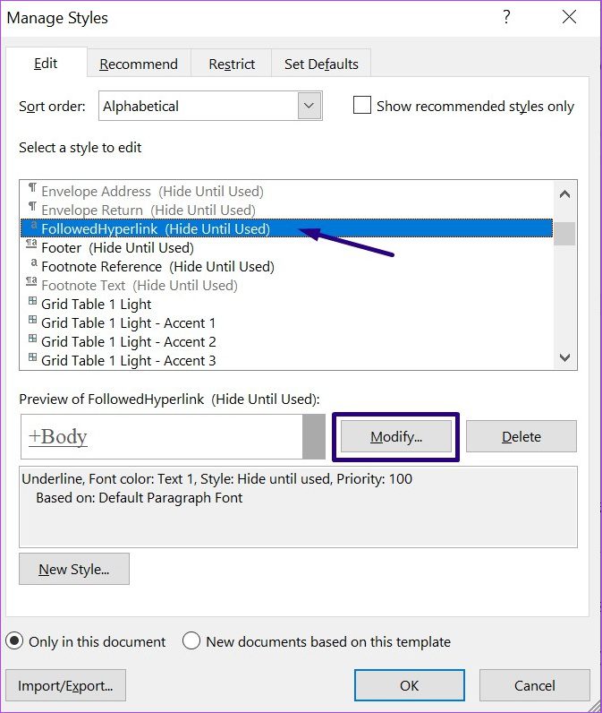 طريقة تنسيق الارتباطات التشعبية في مايكروسوفت وورد