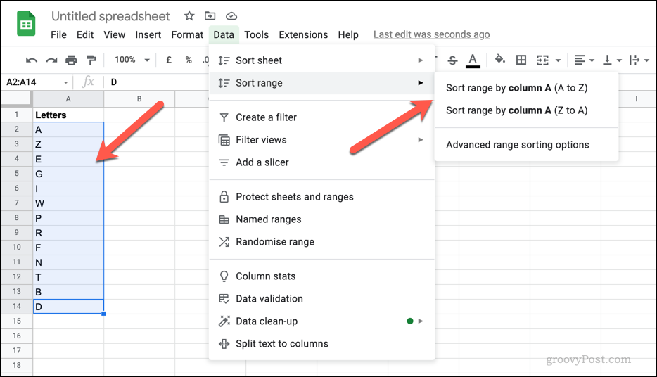 فرز مجموعة من الخلايا في جداول بيانات Google لترتيبها أبجديًا
