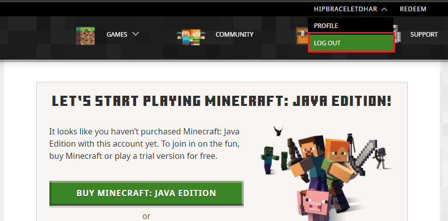 انقر فوق تسجيل الخروج في حساب Minecraft الخاص بك