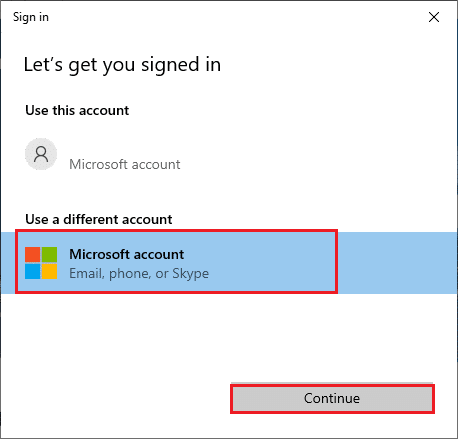حدد حساب Microsoft الخاص بك وانقر على زر متابعة