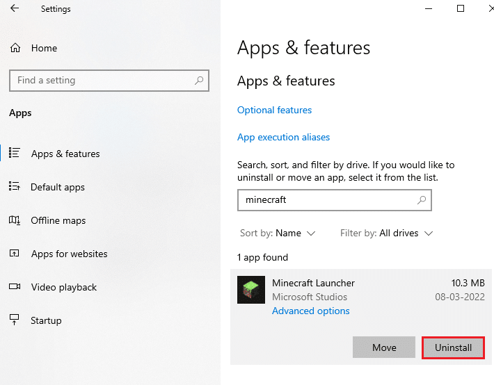 قم بإلغاء تثبيت Minecraft Launcher. إصلاح شاشة Minecraft السوداء في ويندوز 10