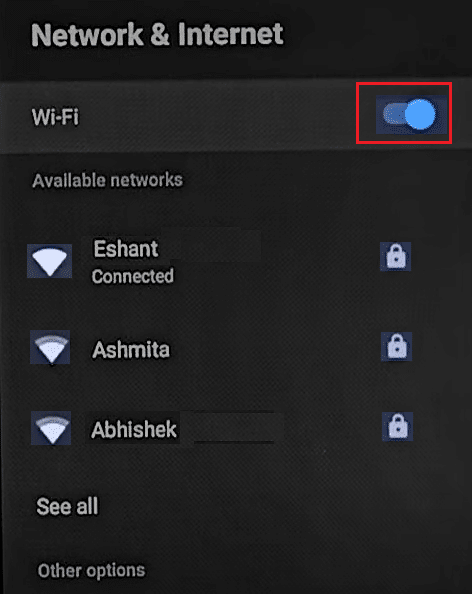 إصلاح بث الشاشة لا يعمل على أندرويد Screen Cast 30 قم بتشغيل وإيقاف تشغيل واي فاي في تلفزيون mi