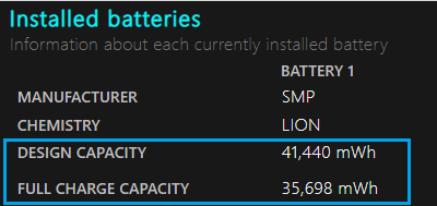 Battery Capacity on ويندوز Battery Report