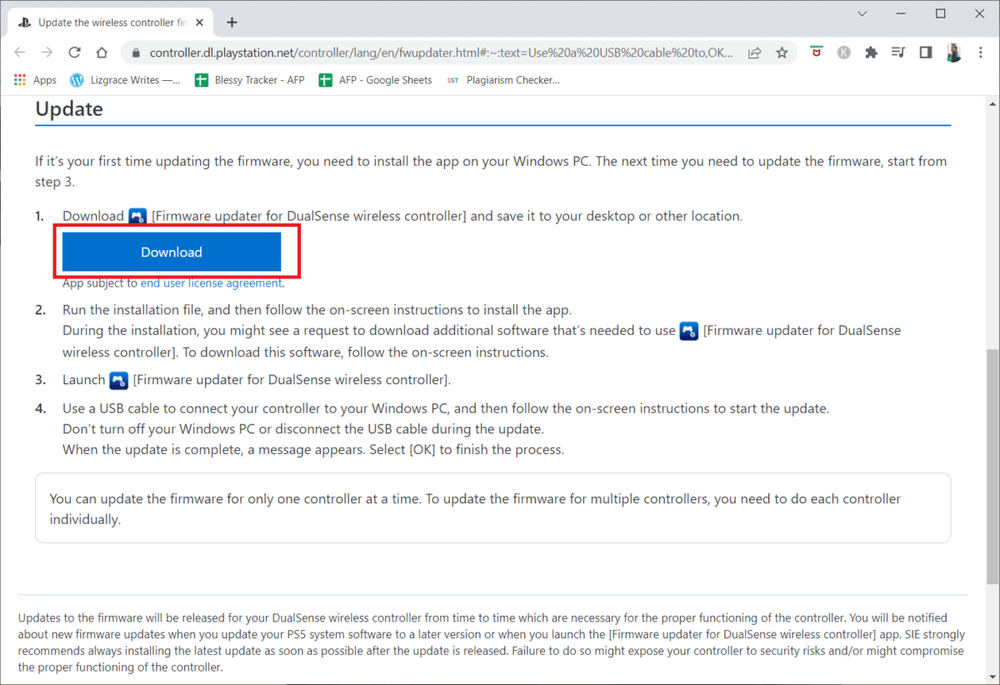 قم بزيارة صفحة البرامج الثابتة (Firmware) لتحديث Sony PlayStation وانقر فوق الزر تنزيل