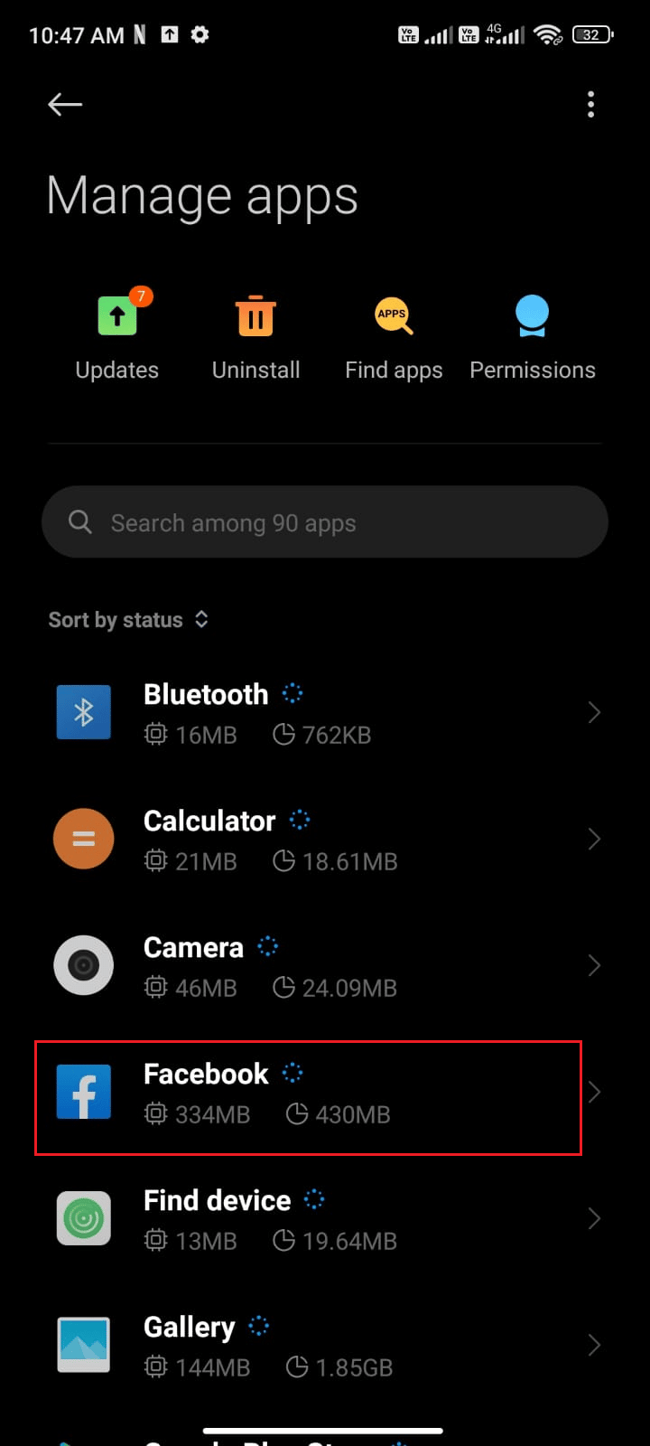 اضغط على إدارة التطبيقات متبوعًا بـ فيسبوك. إصلاح خطأ انتهاء جلسة فيسبوك