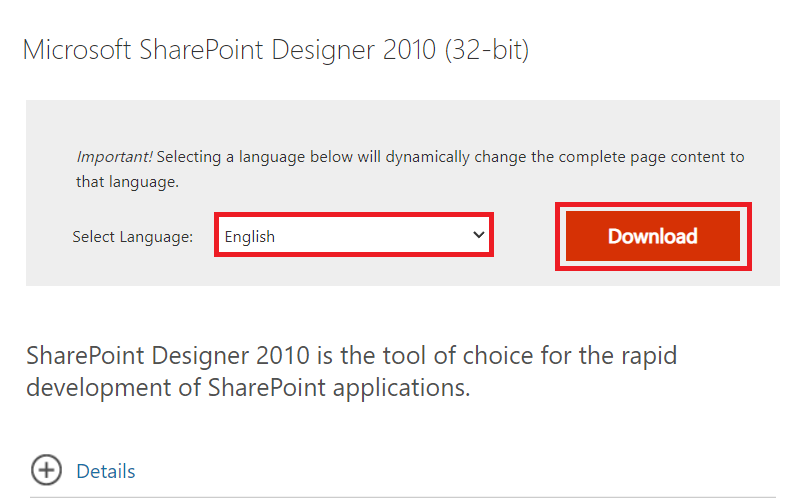 طريقة تنزيل برنامج مايكروسوفت أوفيس Picture Manager 24 الصفحة الرسمية لـ Microsoft SharePoint Designer 2010. حدد اللغة الإنجليزية وتنزيلها