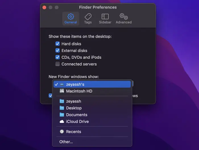 selecting default finder folder on mac