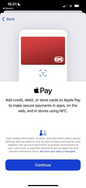 توضح كيفية إضافة بطاقة مصرفية إلى لقطة شاشة Apple pay