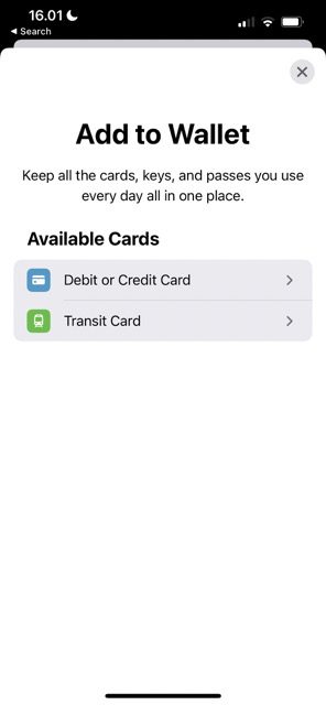 لقطة شاشة تعرض خيارات إضافة بطاقات في لقطة شاشة Apple pay