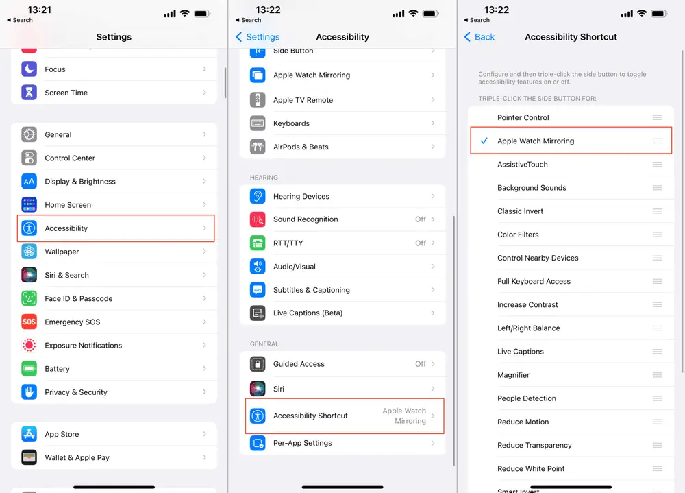 Enable Apple Watch Mirroring Accessibility Shortcut