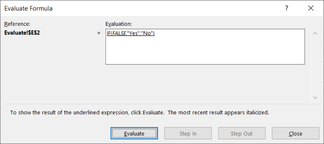 Microsoft Excel évaluer formule: étape par étape 9 Equal to result is false