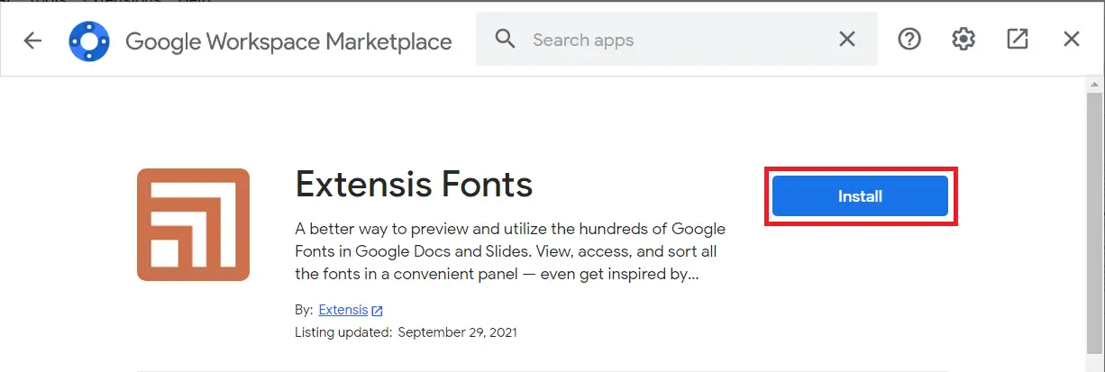 Página del complemento Extensis de Google Docs