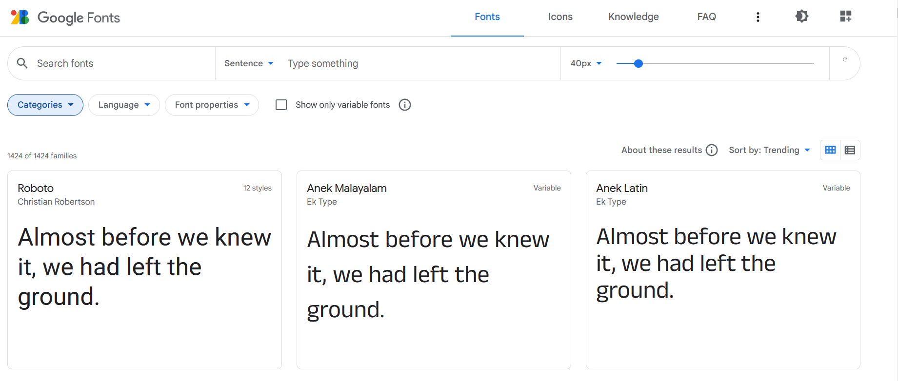 Google Fonts Homepage