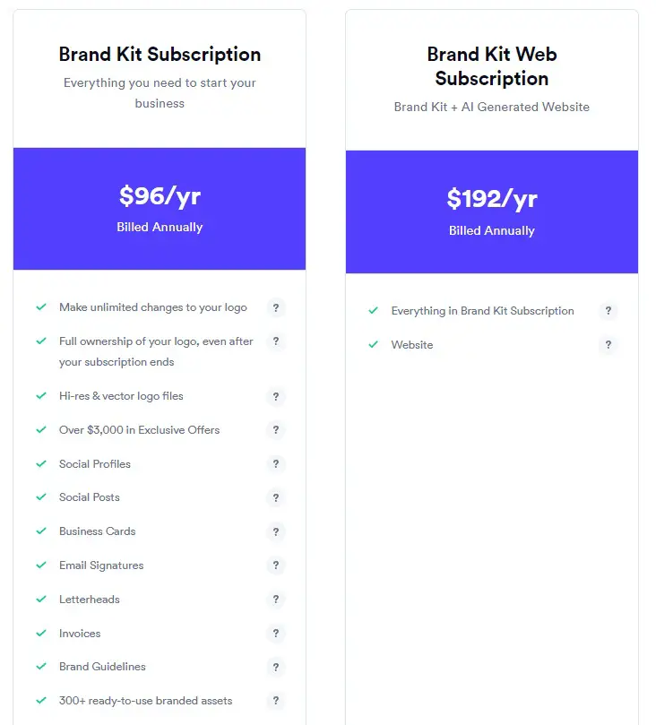 Looka Plans and Pricing Table