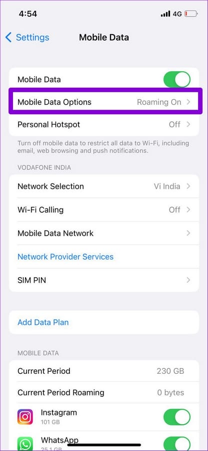 Mobile Data Options 2 7 Façons de réparer l'absence de connexion à Internet de Facebook Messenger