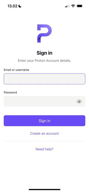 لقطة شاشة تعرض صفحة تسجيل الدخول إلى ProtonMail