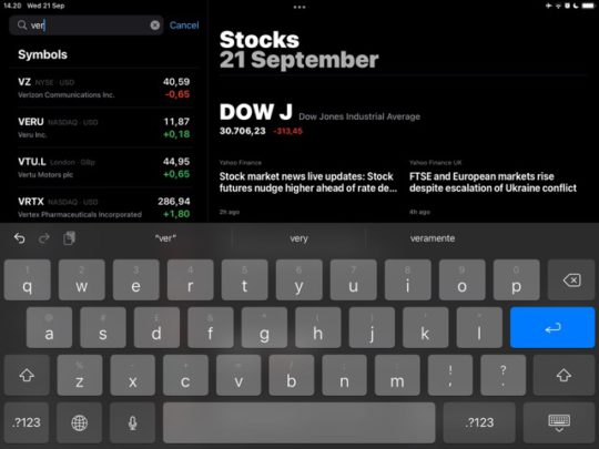 لقطة شاشة تعرض تطبيق الأسهم على iPad