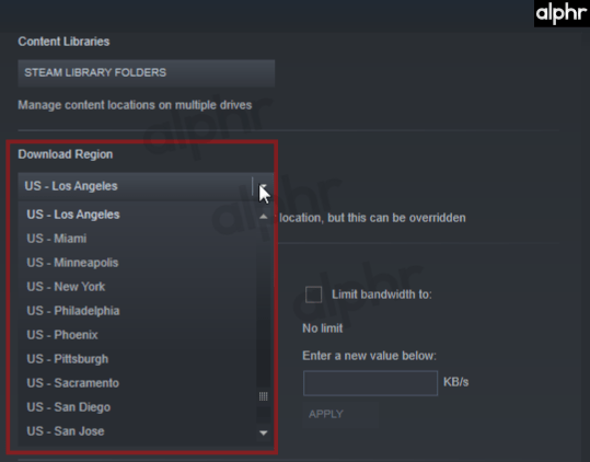 Steam change download region and bandwidth limit 003b طريقة تسريع تنزيلات ألعاب ستيم