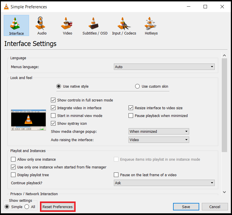 VLC Player'ı Chromecast'e Aktarma 11 VLC Preferences Menu