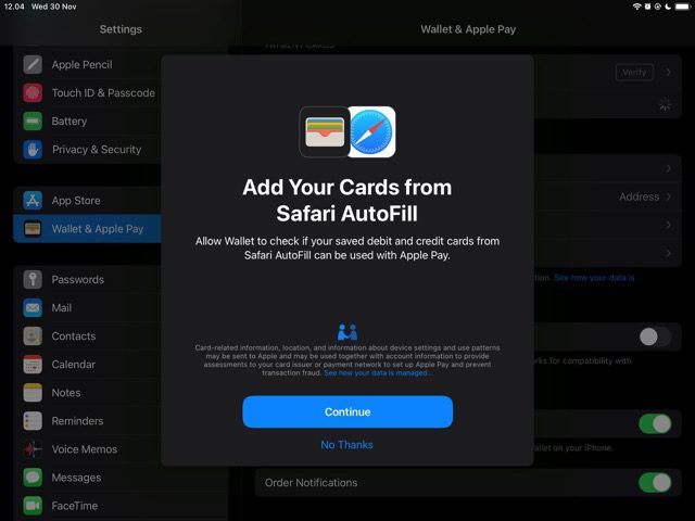 لقطة شاشة توضح كيفية إضافة بطاقة جديدة على apple pay