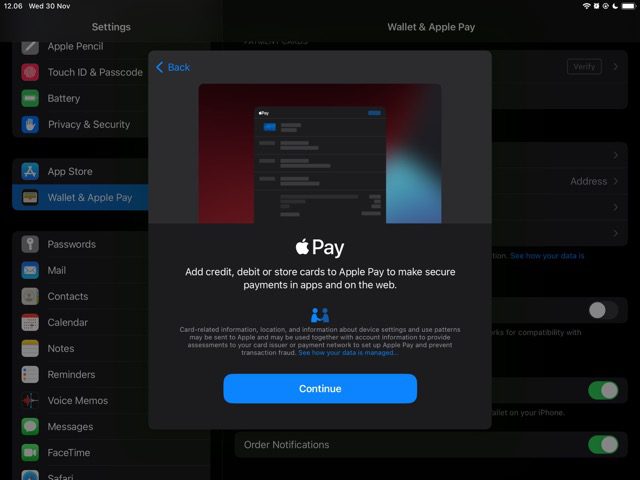 لقطة شاشة تعرض نافذة Apple pay على ipad