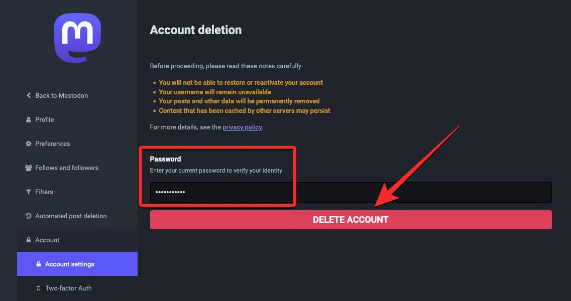delete your mastodon account web 15 a كيفية حذف حساب Mastodon الخاص بك