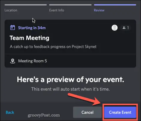 Creating a DIscord event in a text channel