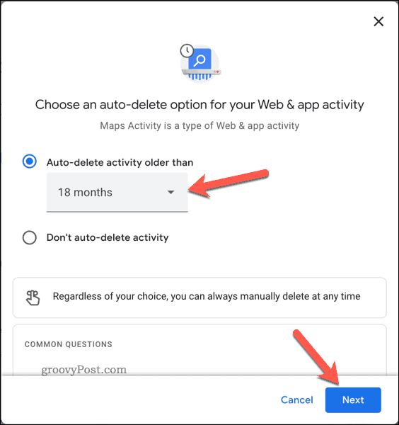 Setting auto delete time settings in Google Maps online