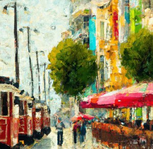İstanbul Taksim'deki İstikalal Caddesi'ni gösteren yağlı boya tablo