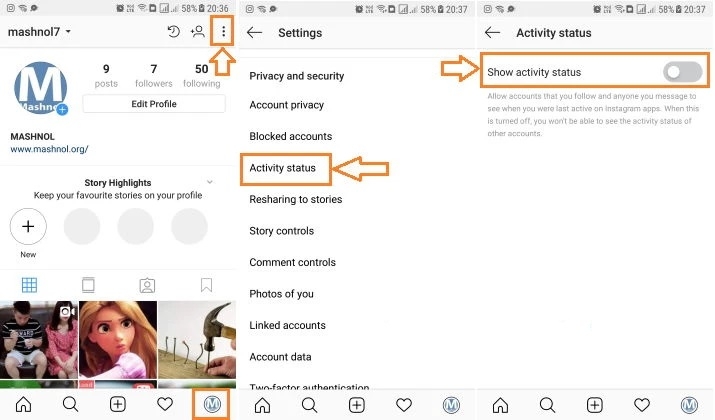 طريقة اخفاء حالة النشاط في الانستقرام 1 اخفاء الظهور في الانستقرام