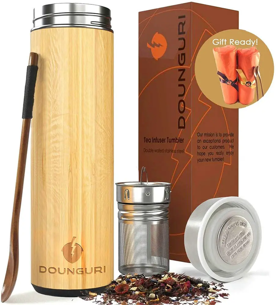 DOUNGURI Bamboo Tea Tumbler Mug with Strainer Infuser - 18oz Vacuum Insulated Stainless Steel Thermos with Filter for Loose Leaf