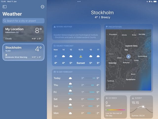 لقطة شاشة تعرض مدينة تمت إضافتها إلى تطبيق Weather على iPad