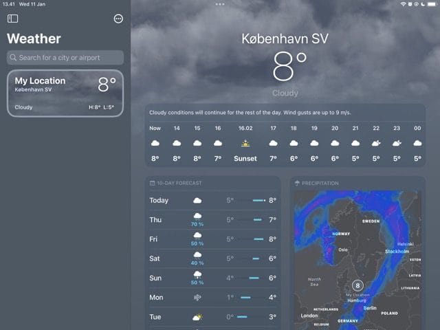 لقطة شاشة تعرض توقعات الطقس لمدينة في تطبيق Weather على iPad