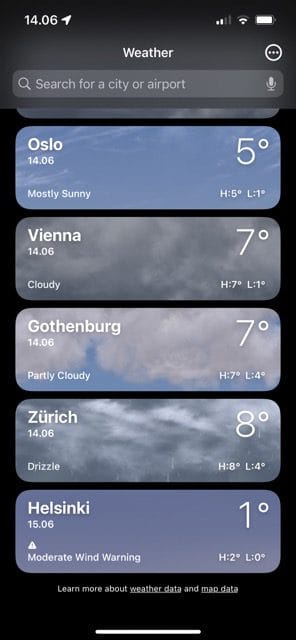 لقطة شاشة تعرض مدينة في تطبيق Weather