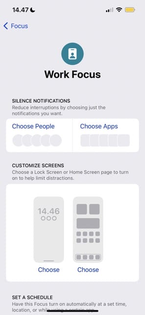 لقطة شاشة تعرض الصفحة التي يمكنك من خلالها تخصيص وضع Work Focus في iOS