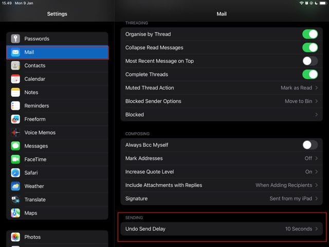 لقطة شاشة توضح كيفية الوصول إلى تطبيق البريد في إعدادات iPad