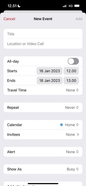 لقطة شاشة توضح كيفية إنشاء حدث جديد في Proton Calendar لنظام iOS