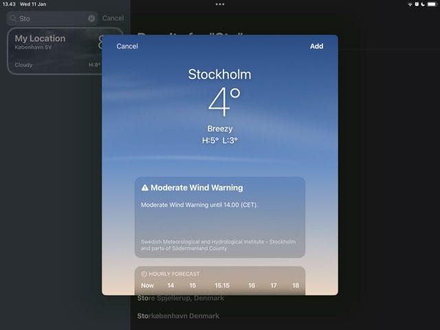 أضف مدينة إلى قائمتك في Weather on iPad