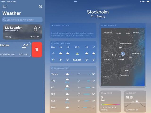 لقطة شاشة توضح كيفية إزالة موقع مدينة في Weather على iPad