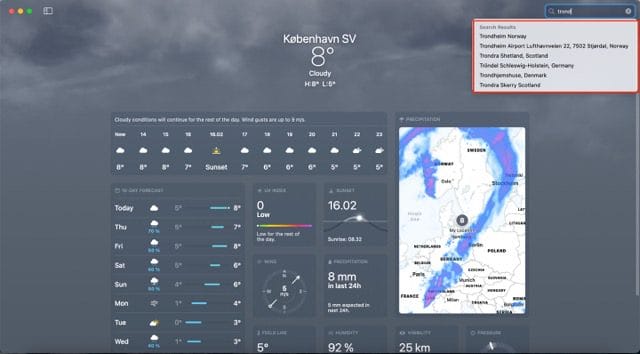 لقطة شاشة تعرض نتائج البحث في تطبيق Weather لنظام التشغيل Mac