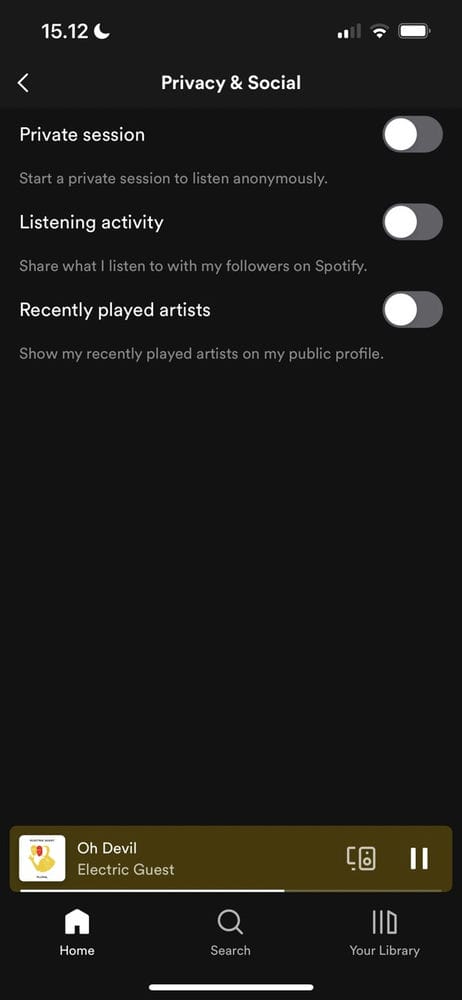 لقطة شاشة تعرض تبديل الاستماع الخاص في Spotify