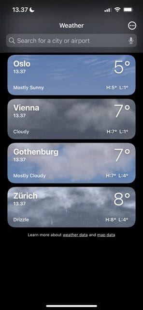 لقطة شاشة تعرض شريط البحث في تطبيق Weather