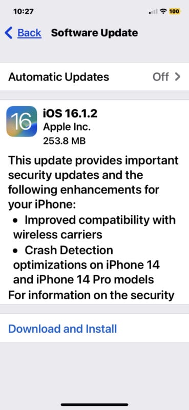 تحديث iOS 16.1.2 (* ) تحديث iPhone صغير الحجم إلى حد ما ، ويزن أقل من 300 ميجابايت ، ويجب تثبيته بسرعة لمعظم المستخدمين. يتطلب تثبيت تحديث برنامج iOS 16.1.2 إعادة تشغيل iPhone.
